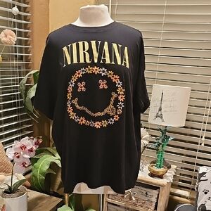 NIRVANA Black Tee with Floral Smiley